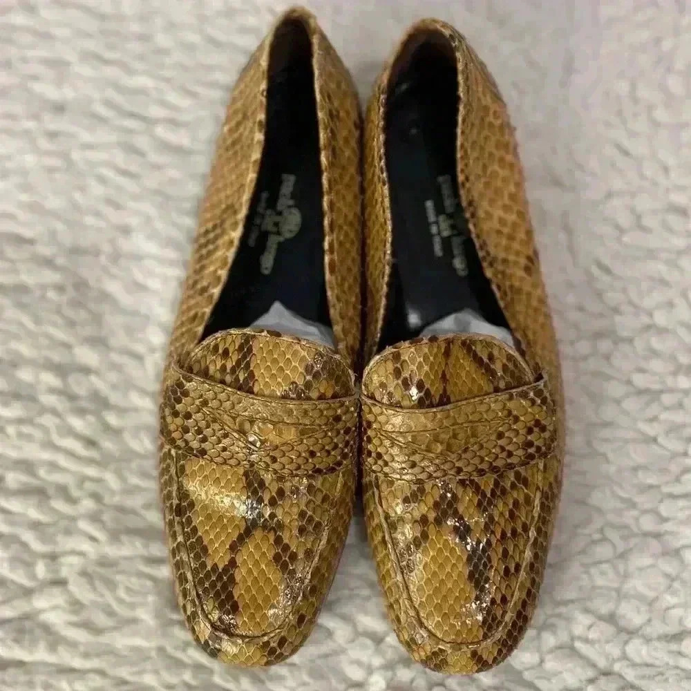 Paola Del‎ Lungo Women’s Snakeskin Loafers Brown Size 34 US 3.5 Animal Print